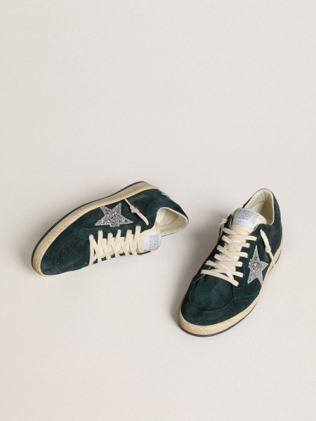 Golden Goose Ball Star In Green Suede With Silver Glitter Star Golden Goose Ball Star In Green Suede With Silver Glitter Star