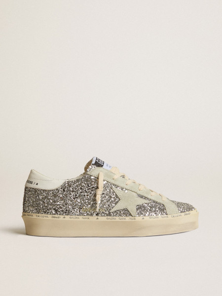 Golden Goose Hi Star In Silver Glitter With Suede Star And White Heel Tab