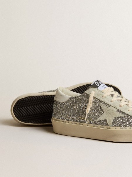 Golden Goose Hi Star In Silver Glitter With Suede Star And White Heel Tab Golden Goose Hi Star In Silver Glitter With Suede Star And White Heel Tab