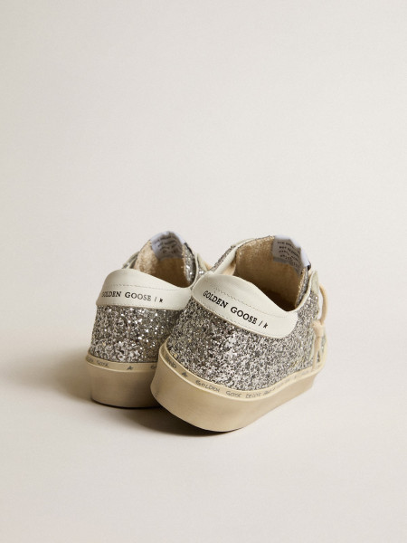 Golden Goose Hi Star In Silver Glitter With Suede Star And White Heel Tab Golden Goose Hi Star In Silver Glitter With Suede Star And White Heel Tab