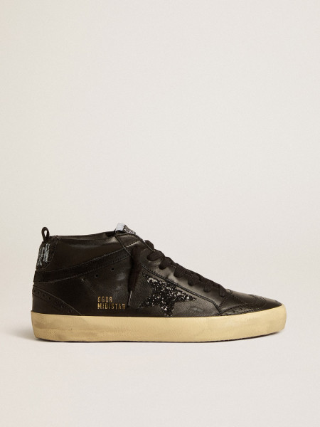 Golden Goose Mid Star In Black Nappa With Black Glitter Star And Suede Flash