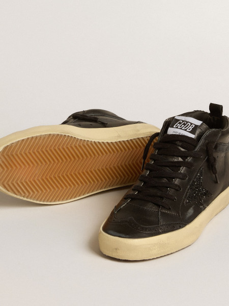 Golden Goose Mid Star In Black Nappa With Black Glitter Star And Suede Flash